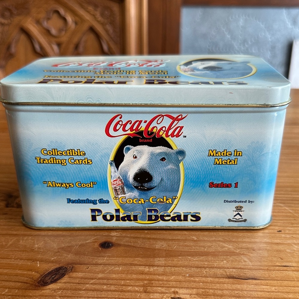 Coca-Cola Blue and White Polar Bear Tin With Metal Collectors Cards